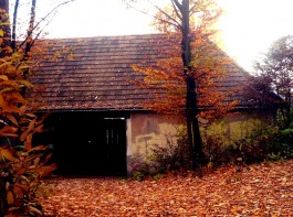 Ein schöner Herbsttag und ein altes bewohntes Haus.